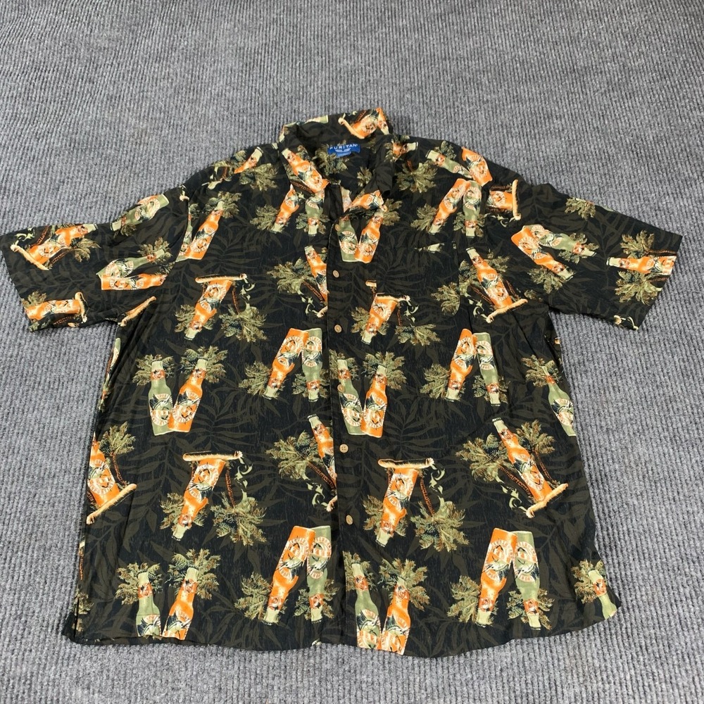 VTG‎ Puritan Shirt Mens 2XL Black Button Up Shirt Hawaiian Beer Fish Golf Retro